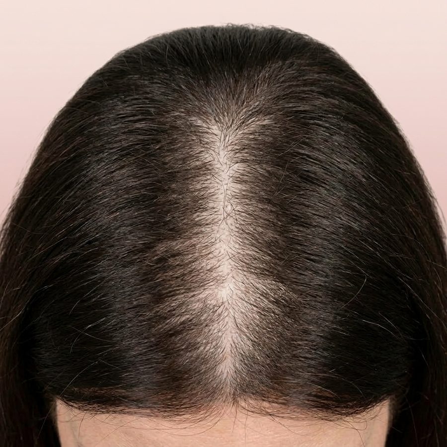 Illustration : raie élargie et cuir chevelu visible, chute de cheveux
